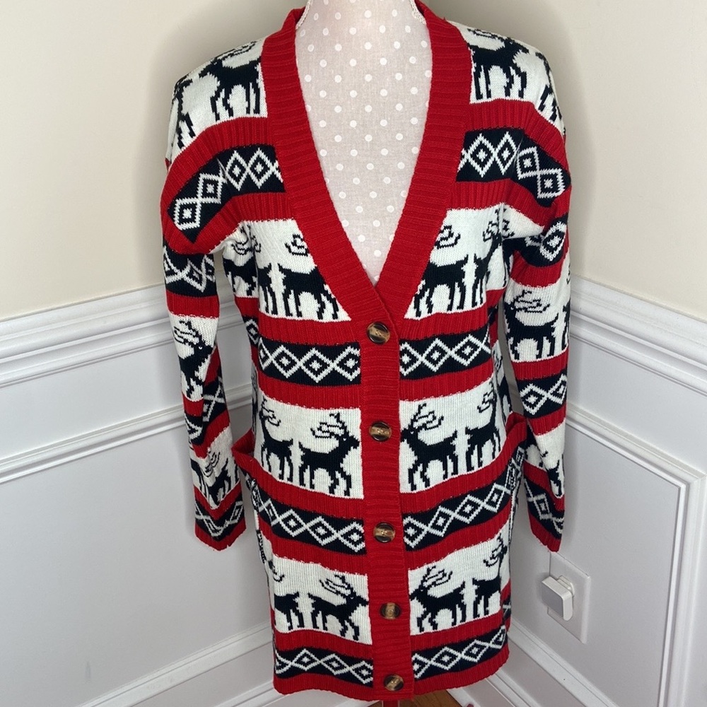 V28 Sz S Ugly Christmas Reindeer Cardigan Sweater